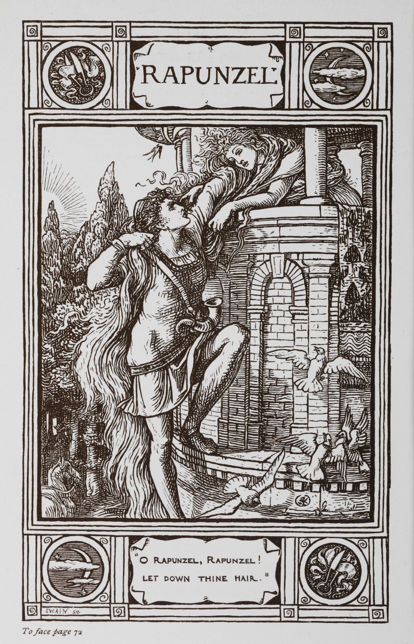 Rapunzel lehnt sich aus dem Fenster eines Turms, während ein Prinz an ihrem Haar hochklettert von Walter Crane