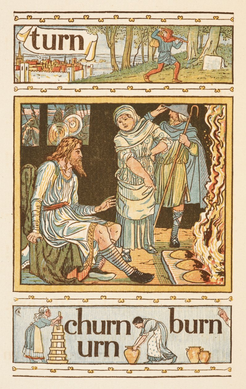 Reimwörter, die mit dem Buchstaben N enden. Eine Illustration, möglicherweise König Alfred und die brennenden Kuchen. The Golden Primer von Walter Crane