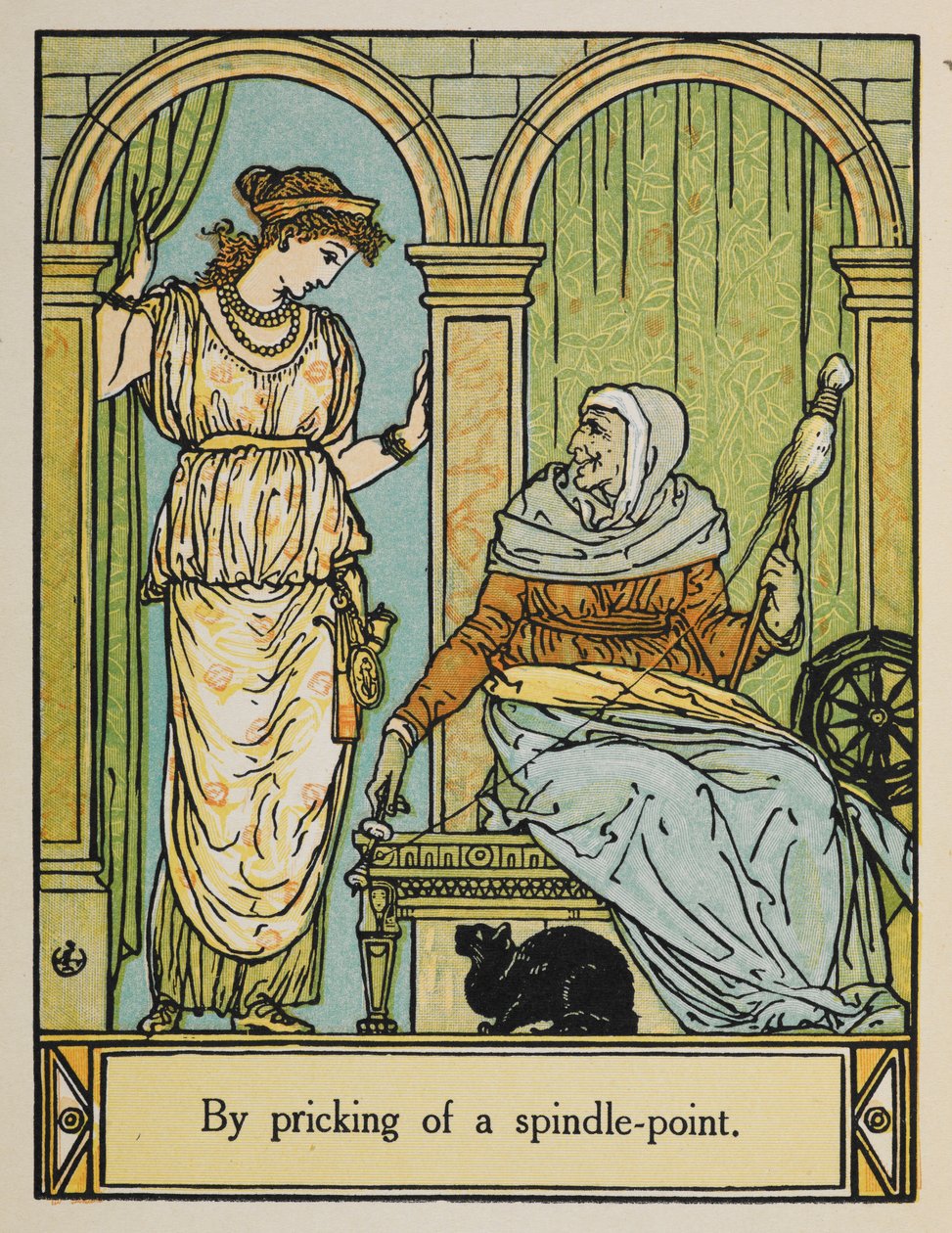 Dornröschen steht neben einer alten Frau mit einem Spinnrad und Faden. Eine schwarze Katze sitzt darunter von Walter Crane