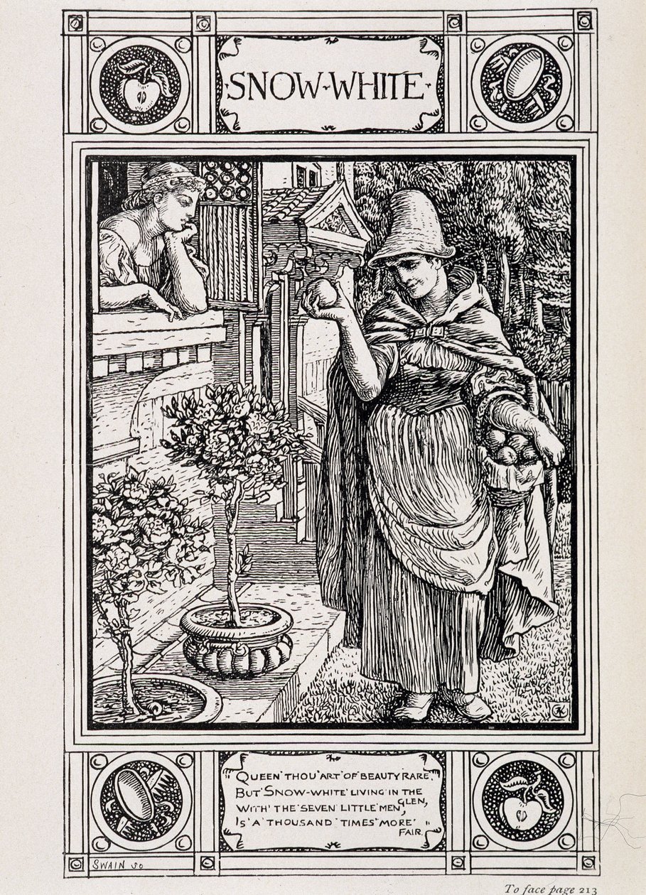 Schneewittchen und die Hexe, die ihren Apfel pflegt - in „Hausmärchen aus der Sammlung der Brüder Grimm“, aus dem Deutschen übersetzt von Lucy Crane, London Macmillan & Co. Ltd von Walter Crane