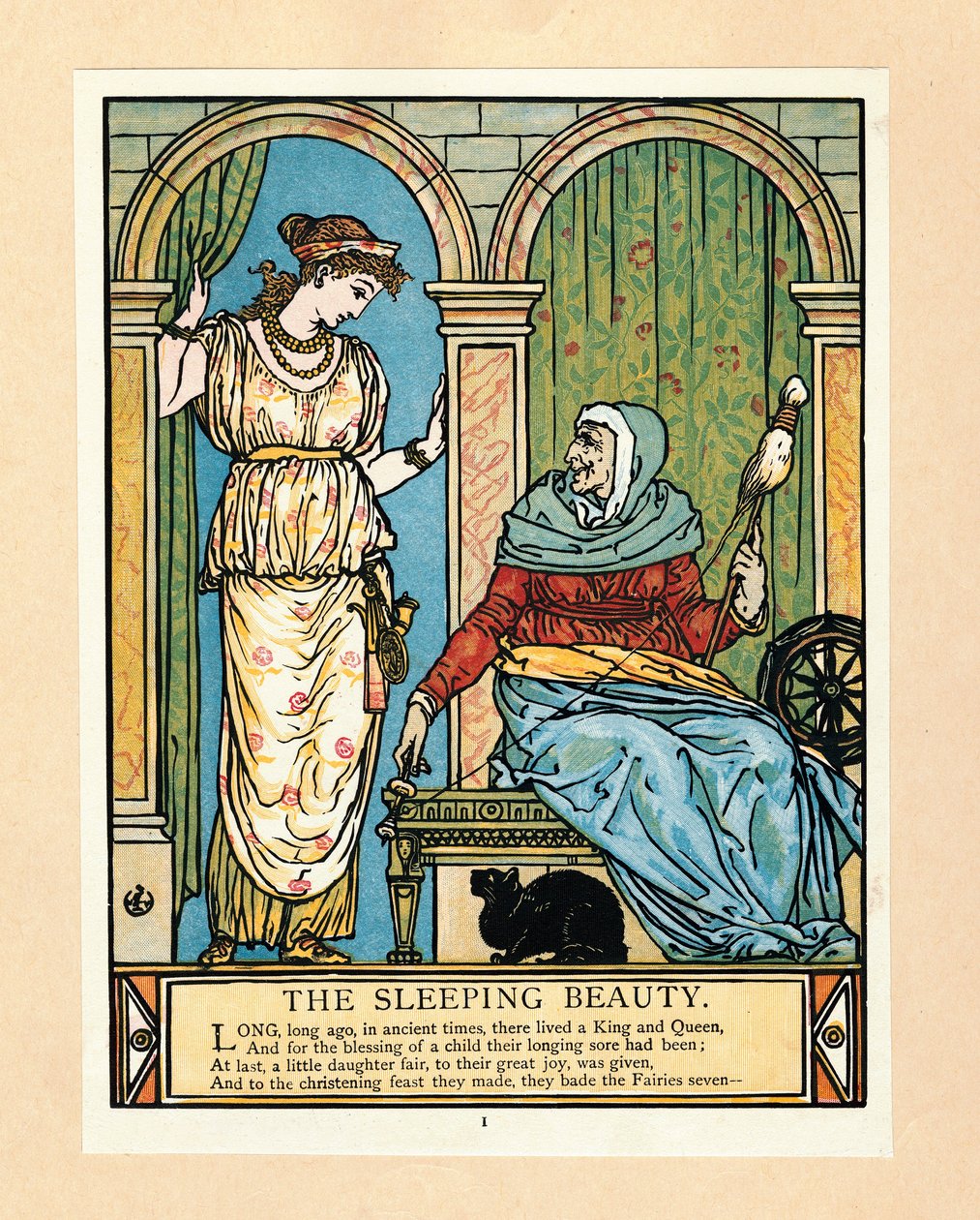 Die Prinzessin lernt spinnen, aus dem Blue Beard Picture Book (1879) von Walter Crane