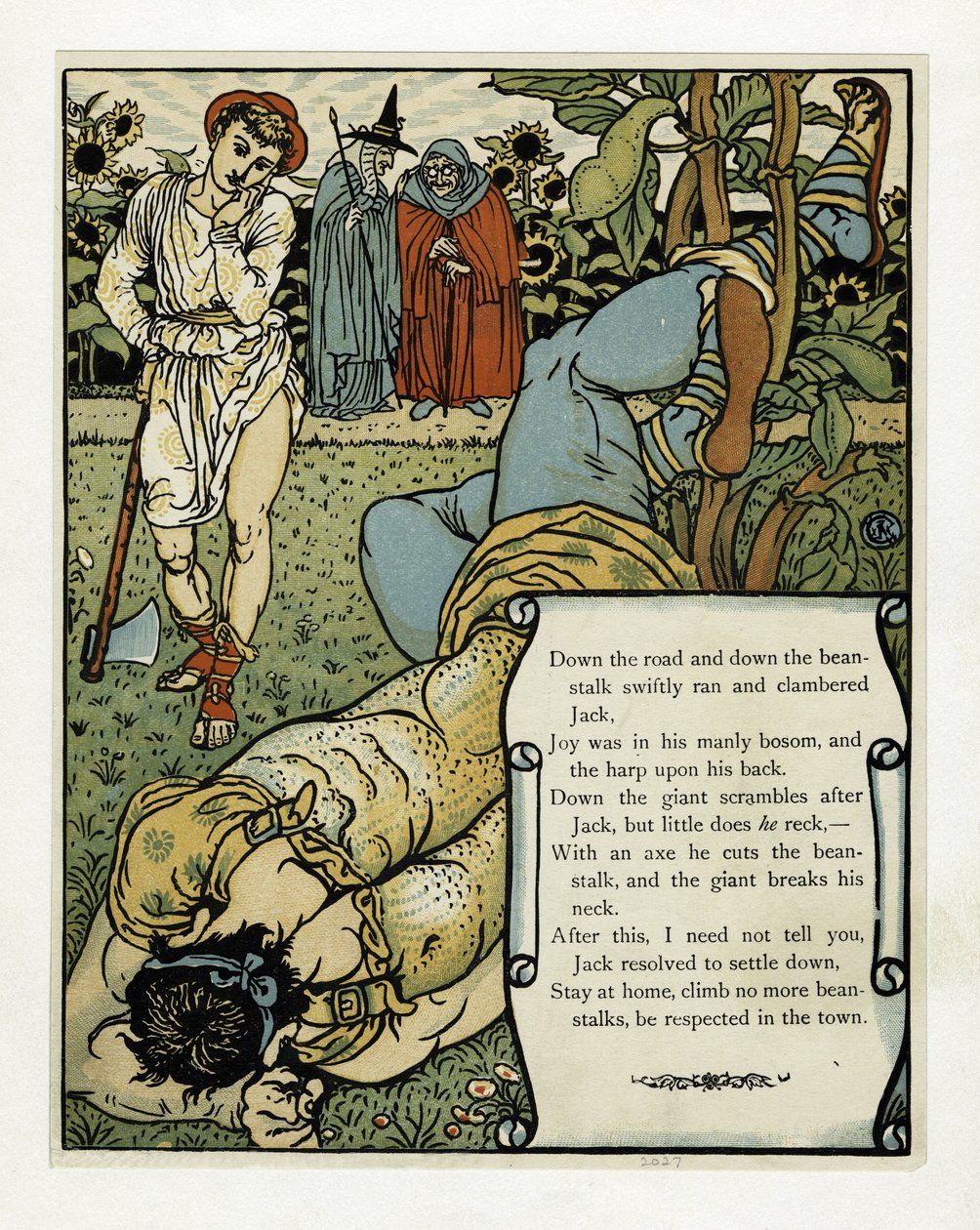Der Riese bricht sich das Genick, aus dem Bilderbuch „Blaubart“, veröffentlicht 1879 von Walter Crane
