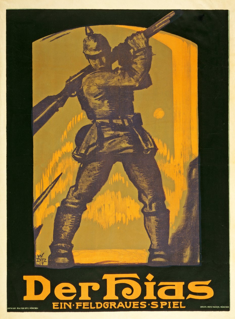Plakatwerbung für ein Stück Der Hias, ein feldgraues Spiel von Heinrich Gilardone, veröffentlicht 1917 von Walter Ditz
