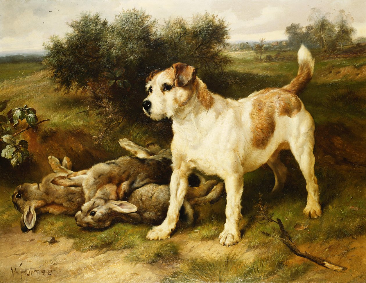 Ein Foxterrier mit der Tagesbeute von Walter Hunt
