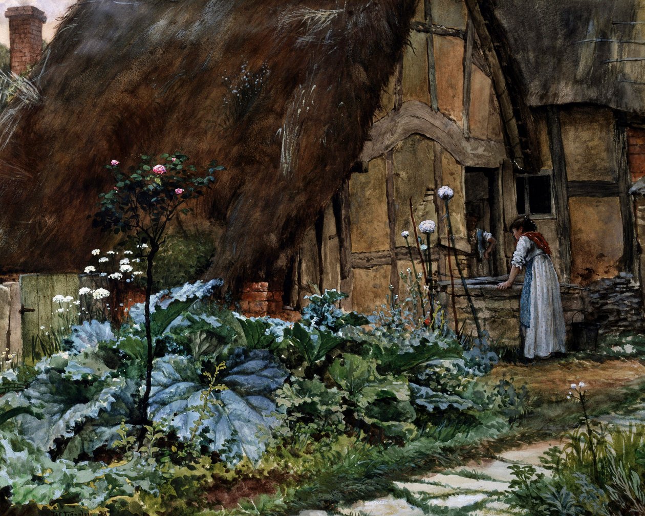 Am Cottage. Gespräch am Fenster eines Landhauses. Gemälde von Well Walter Langley (1852-1922 Britisch) Privatsammlung von Walter Langley