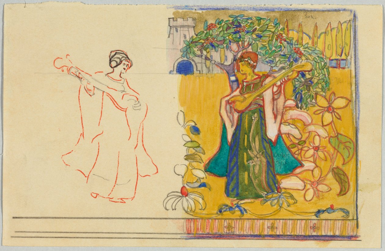 Lautenspielerin unter blühendem Baum von Wassily Kandinsky