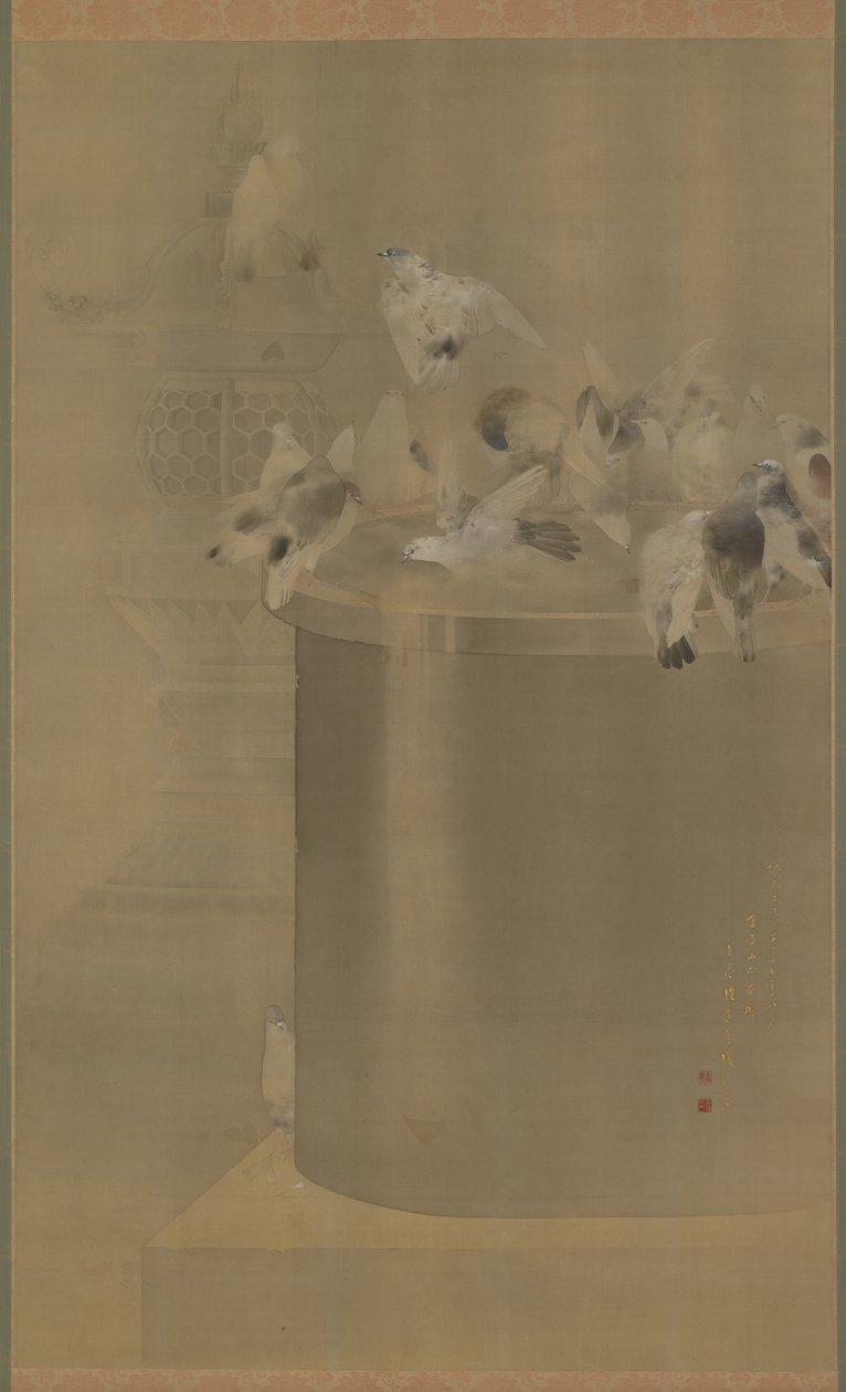 Tauben am Senjoji (Asakusa Kannon Tempel) Meiji-Ära, 1877 von Watanabe Seitei