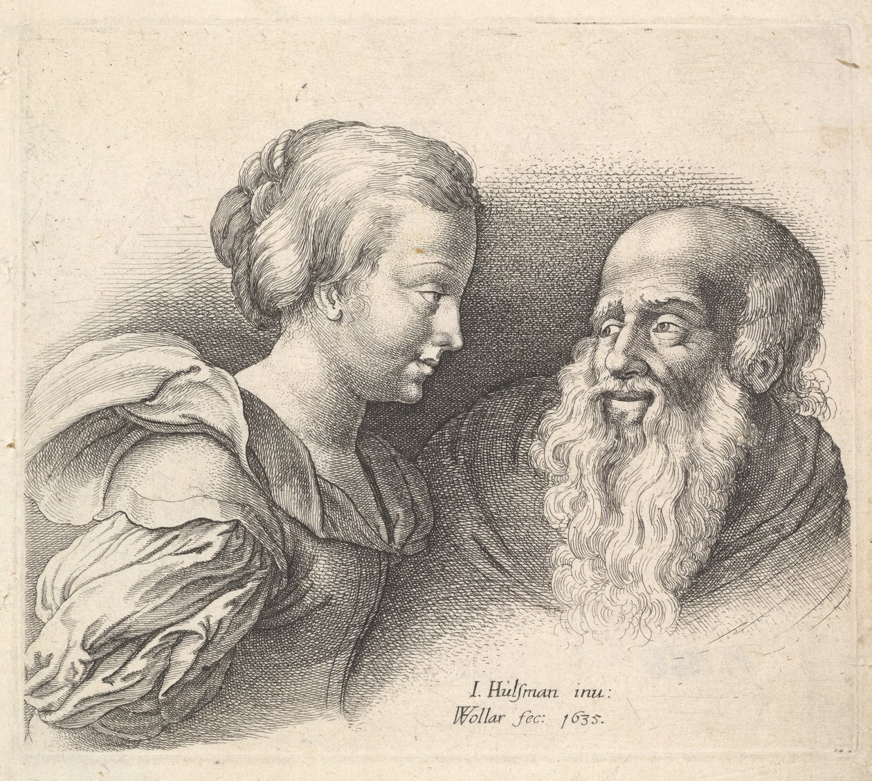Ein alter Mann und ein Mädchen, nach Hulsman, 1635 von Wenceslaus Hollar