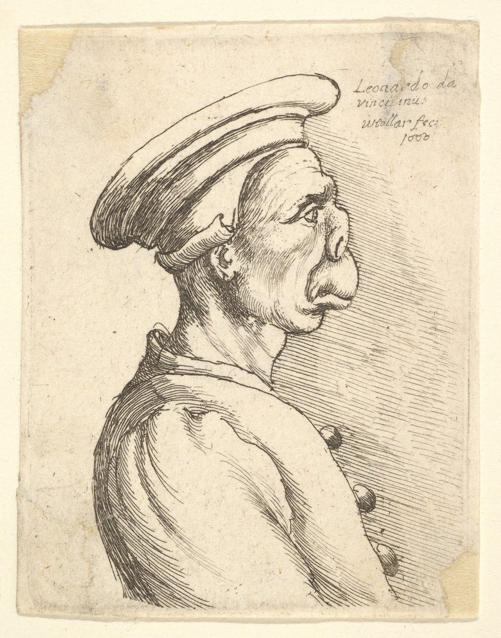 Büste eines Mannes mit flacher Nase und vorstehendem Mund, der eine flache Mütze und einen geknöpften Mantel trägt..., 1660 von Wenceslaus Hollar