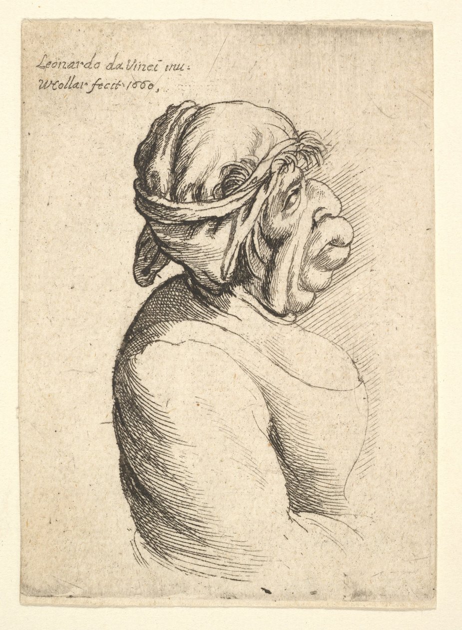 Büste einer Frau mit vorstehendem Mund, die ein tief ausgeschnittenes Kleid und ein um den Kopf gebundenes Tuch trägt von Wenceslaus Hollar
