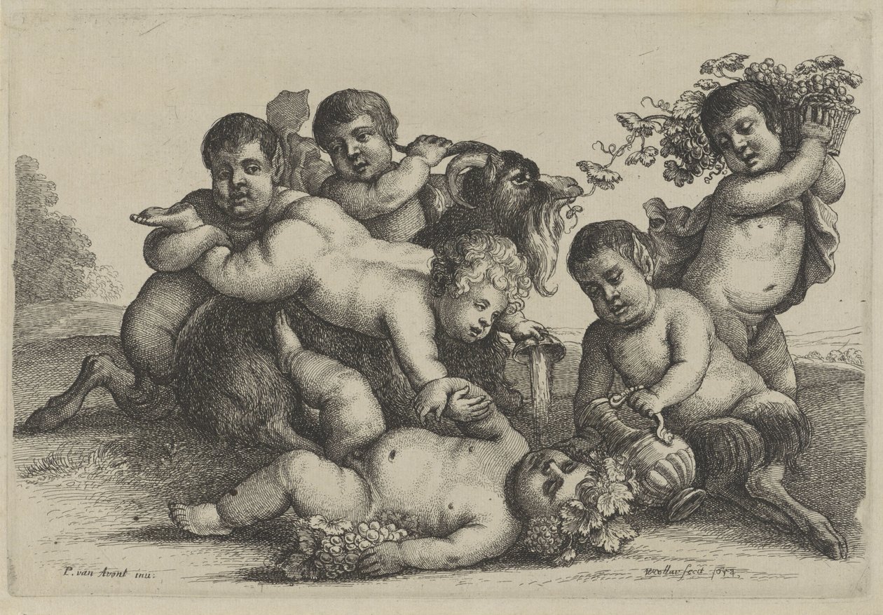 Drei Jungen, zwei Satyrn, ein Bacchant und eine Ziege von Wenceslaus Hollar
