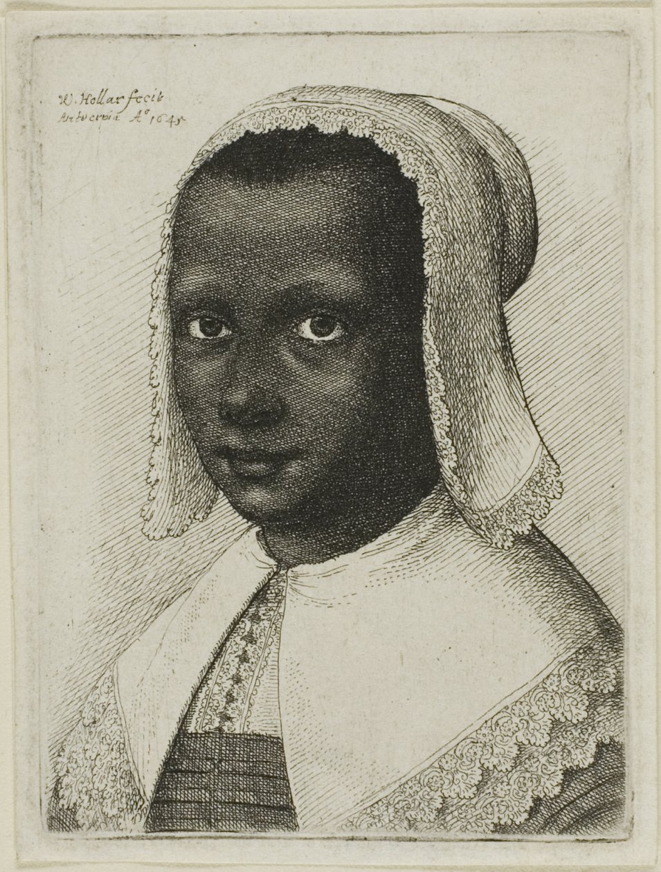 Kopf einer schwarzen Frau mit Spitzenkopftuch von Wenceslaus Hollar