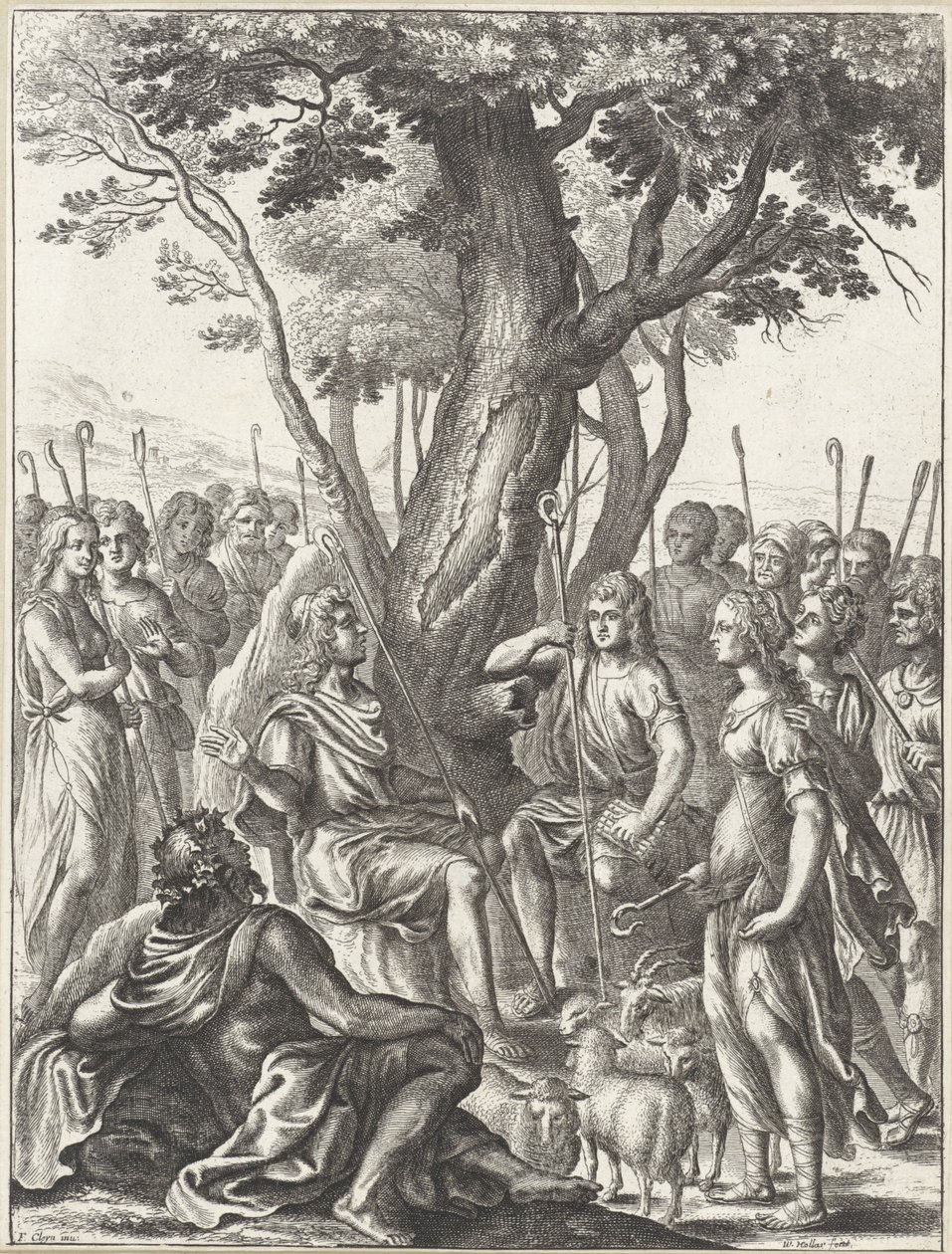 Hirte Meliboeus beurteilt das Spiel der Hirten Corydon und Thyrsis von Wenceslaus Hollar