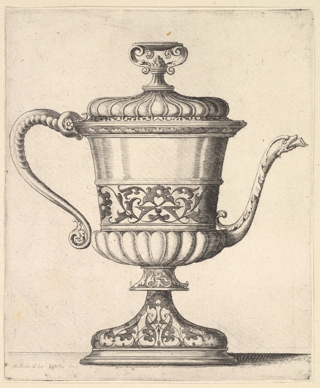 Krug mit Deckel, graviert mit Arabeskenmuster, der schmale Ausguss rechts endet in einer Schlange, 1625-77 von Wenceslaus Hollar