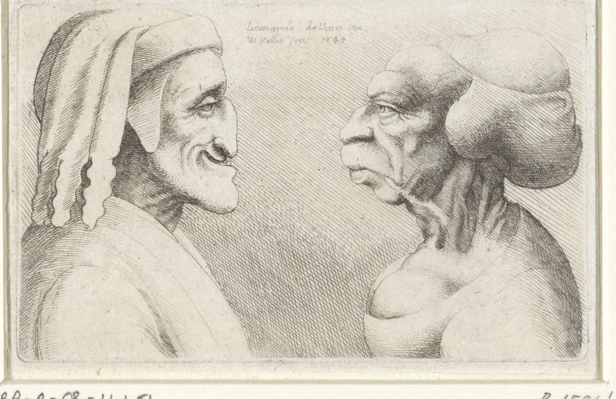Missgestaltete Karikaturköpfe eines Mannes mit Mütze (Dante?) und einer Frau von Wenceslaus Hollar