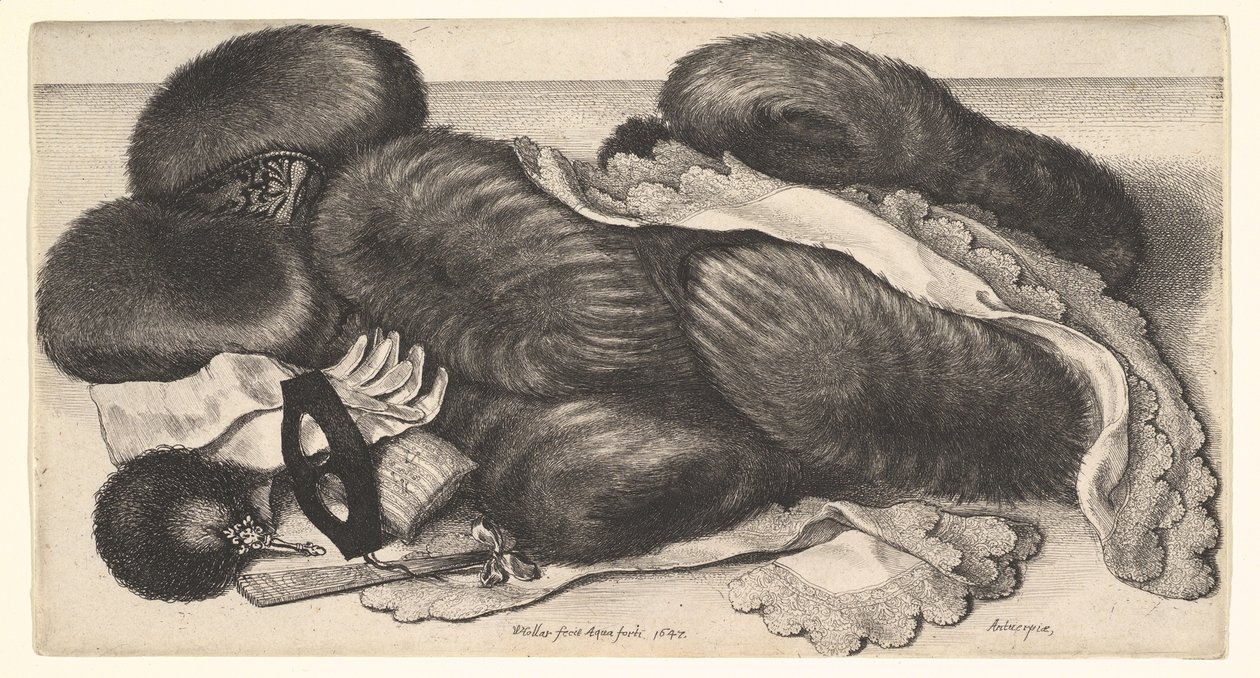 Muffs und Kleidungsstücke auf einem Tisch von Wenceslaus Hollar