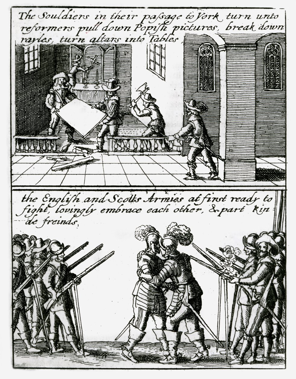 Soldaten zerstören religiöse Bilder in einer Kirche; englische und schottische Soldaten umarmen sich von Wenceslaus Hollar