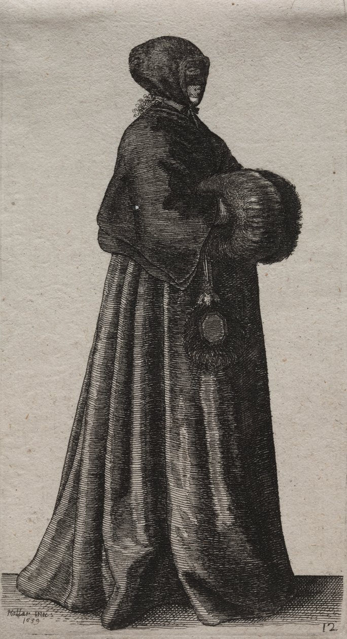 Die Frau mit Maske, Kapuze und Muff von Wenceslaus Hollar