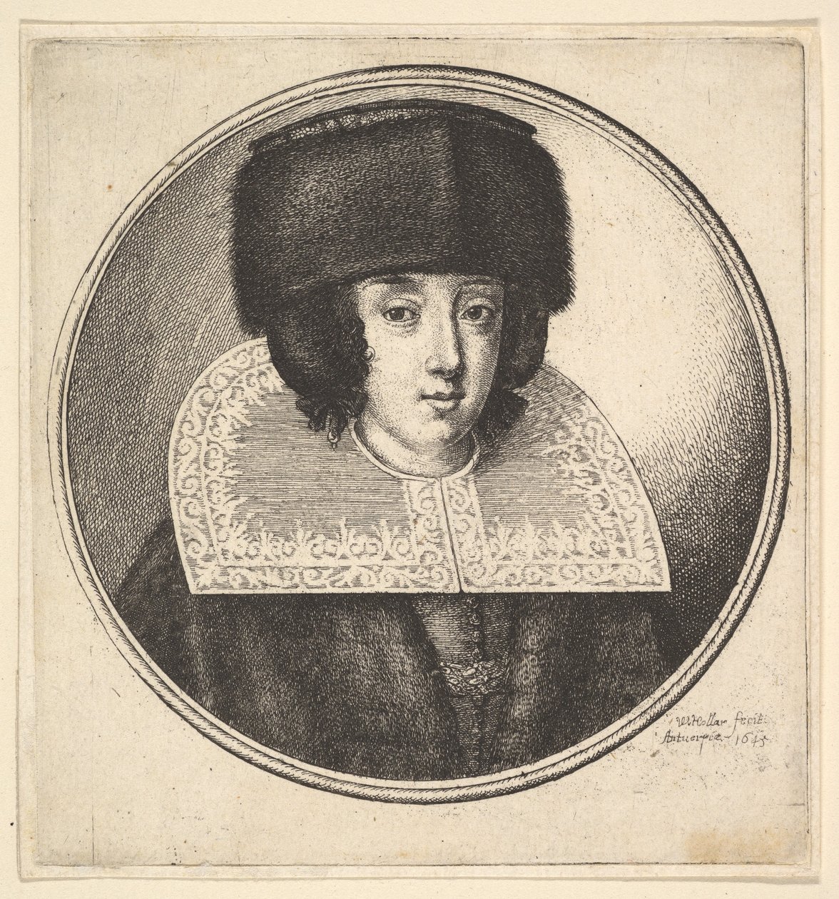 Frau mit steifem Spitzenkragen und flach gekröntem Pelzhut, 1645 von Wenceslaus Hollar