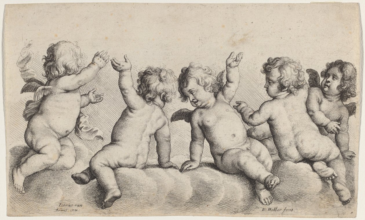 Drei Engel und zwei Jungen auf Wolken von Wenceslaus Hollar, after Peeter van Avont