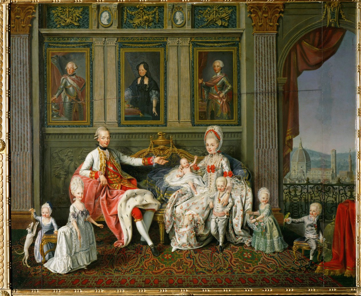 Piero Leopoldo, Großherzog der Toskana, später Kaiser Leopold II., seine Frau Maria Ludovica, Infantin von Spanien, und sechs ihrer 16 Kinder von Wenzel (1730-1780) Werlin