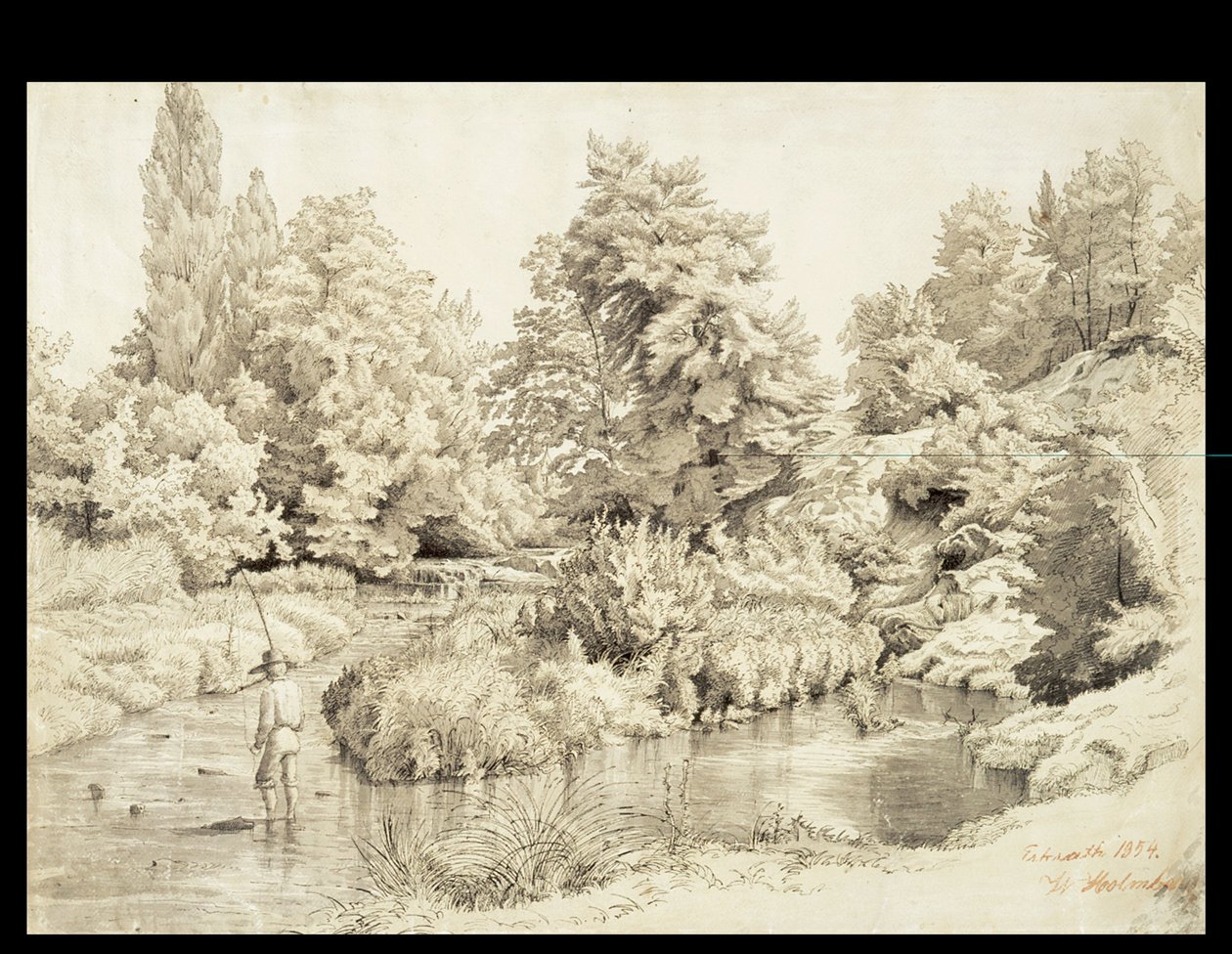 Erkrath, Landschaft mit Bach und angelndem Jungen von Werner Holmberg