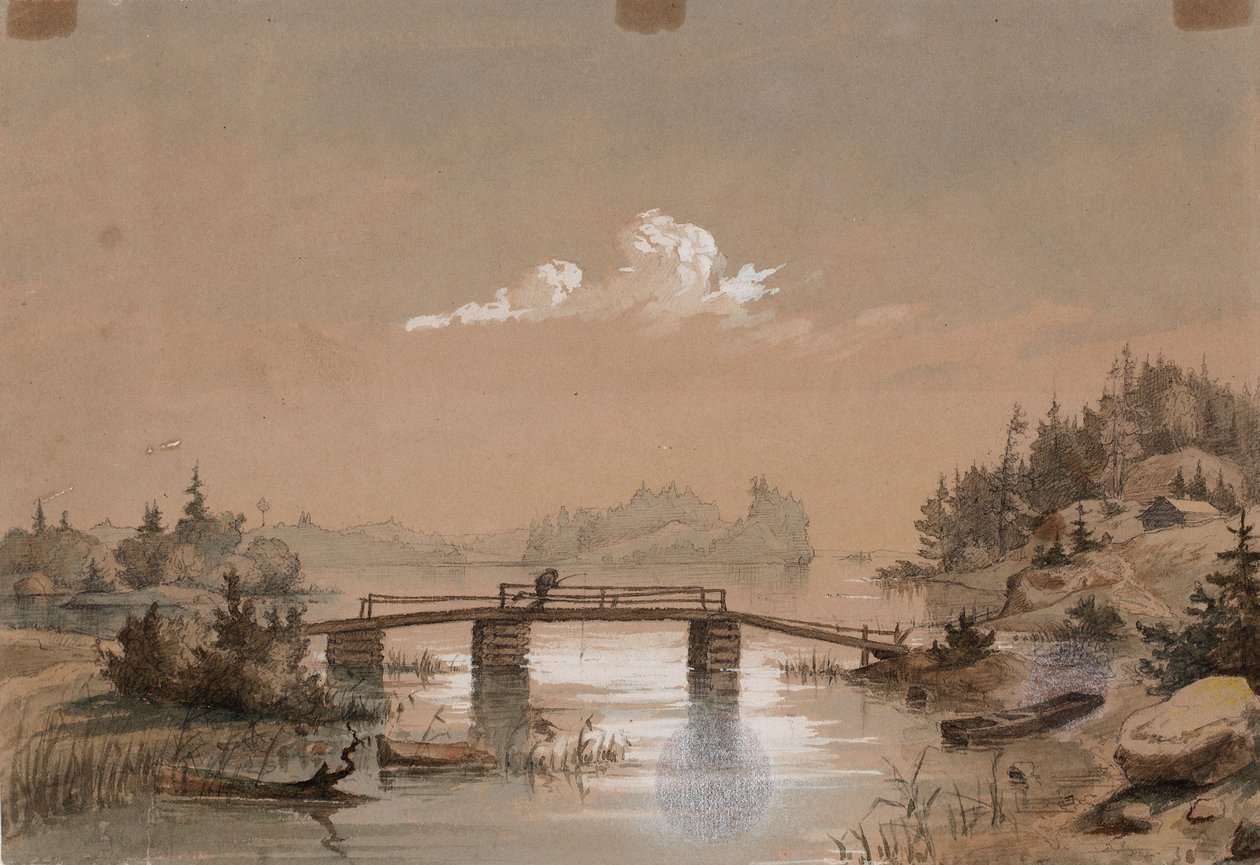 Seelandschaft, Mann angelt auf einer Brücke von Werner Holmberg