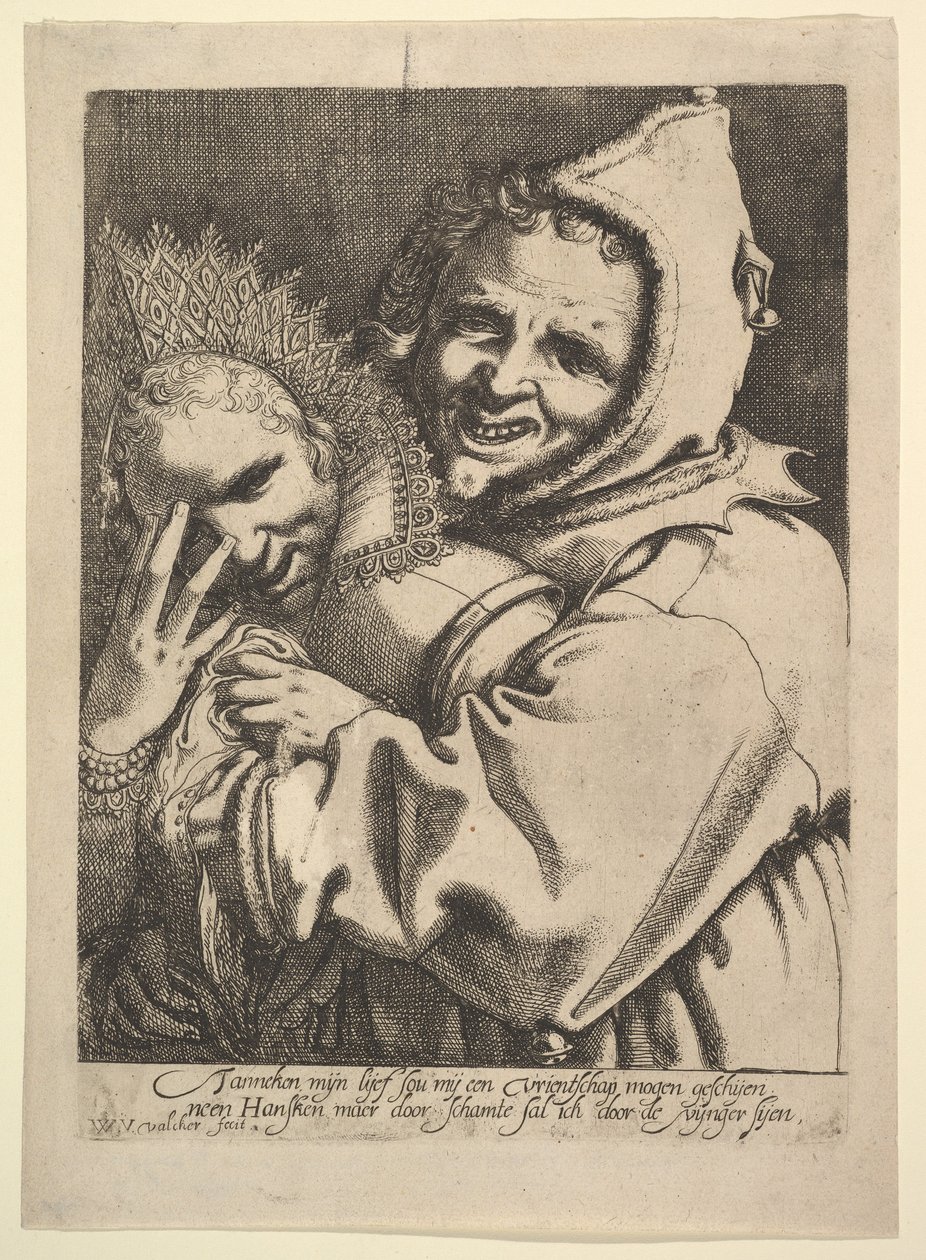 Narr mit einem Mädchen, das durch ihre Finger schaut von Werner Jacobsz. van den Valckert