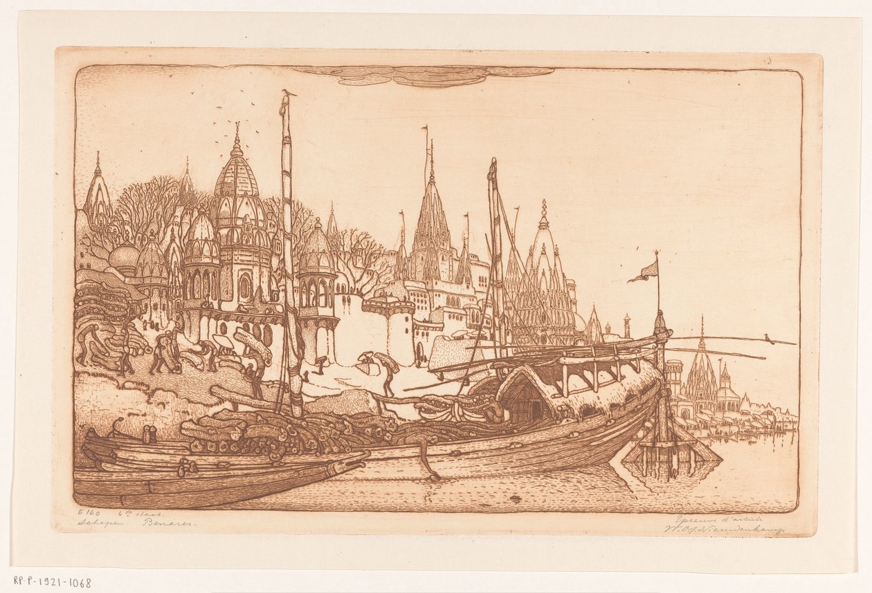 Schiff mit Brennholz am Ufer des Ganges in Benares von Wijnand Otto Jan Nieuwenkamp (signed by artist)