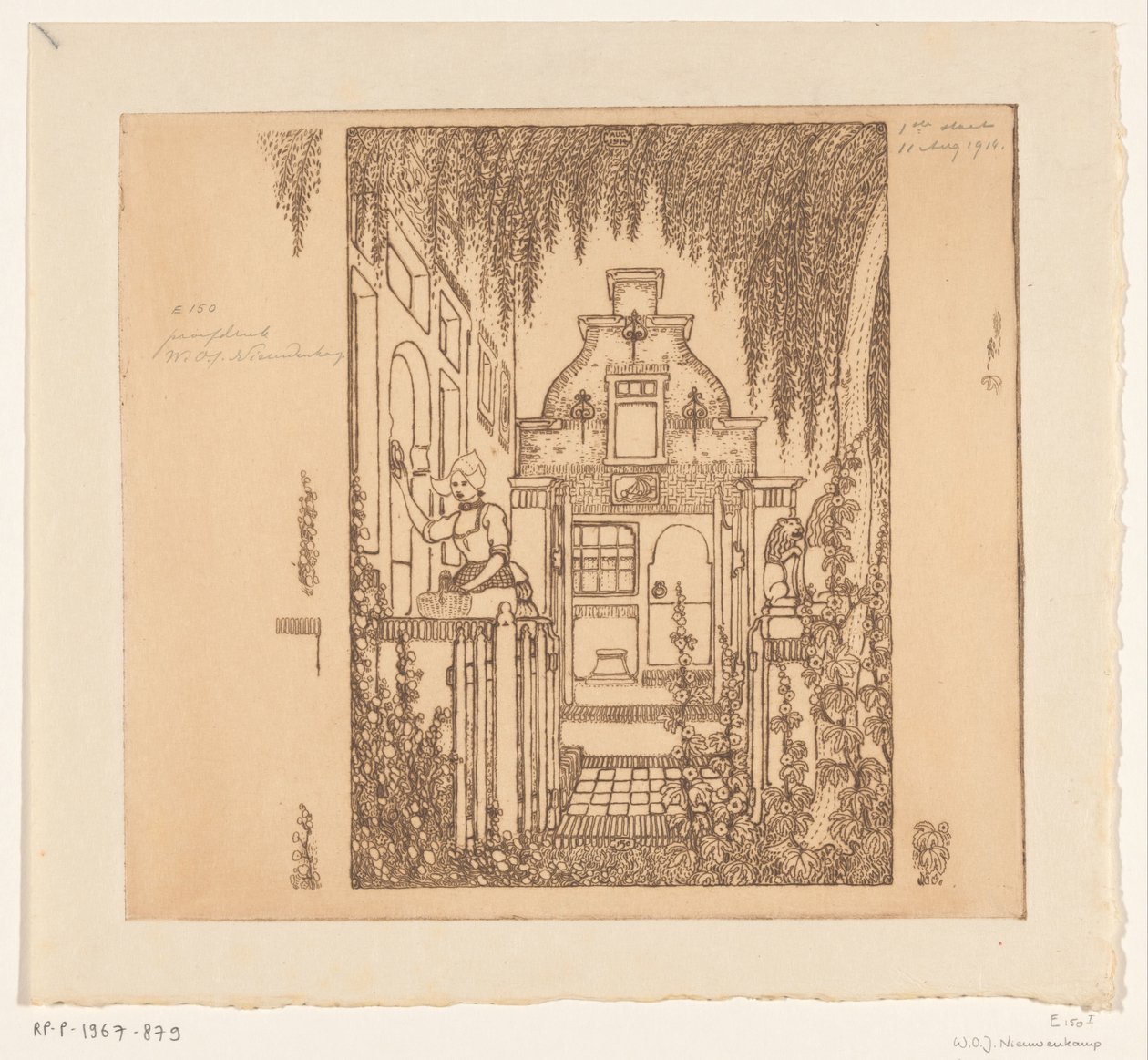 Frau in Tracht klopft an eine Haustür in Edam (Aan de voordeur) von Wijnand Otto Jan Nieuwenkamp (signed by artist)