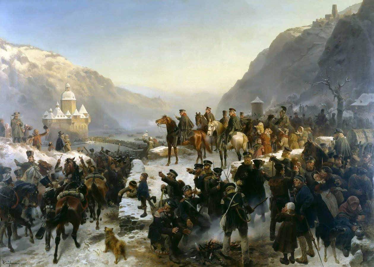 Blücher überquert den Rhein bei Kaub am 1. Januar 1814, 1860 von Wilhelm Camphausen