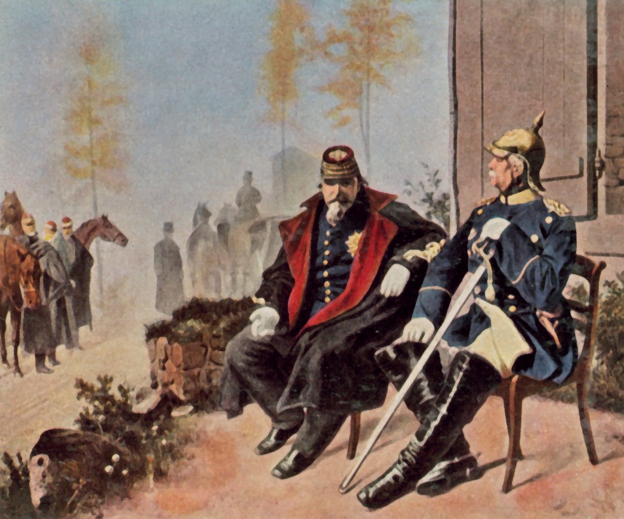 Napoleon III. und Bismarck vor der Weberhütte in Donchery, 2. September 1870 von Wilhelm Camphausen