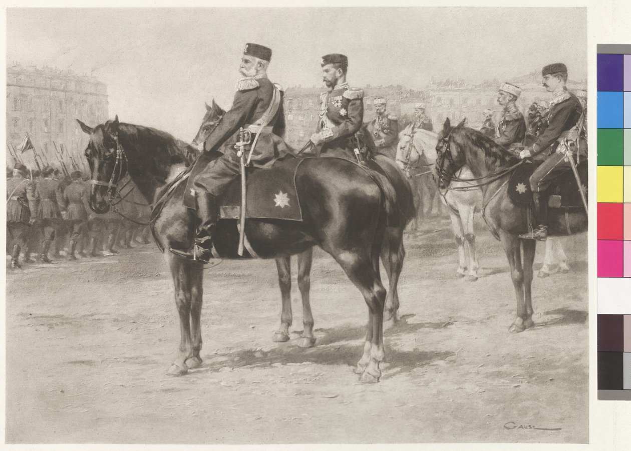 Kaiser Franz Joseph I. und Zar Nikolaus II. bei der Parade auf dem Champ-de-Mars in St. Petersburg von Wilhelm Gause