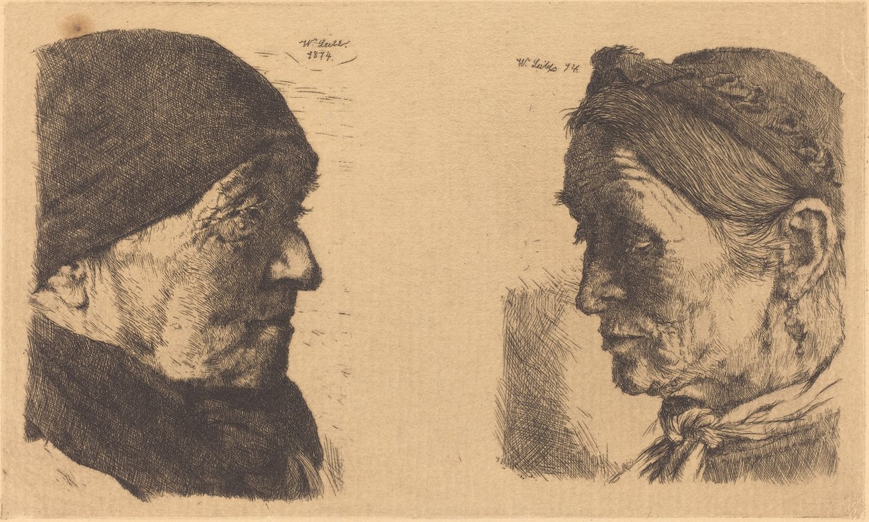 Porträt einer alten Bäuerin im Profil nach rechts und Bäuerin mit geschlossenen Augen von Wilhelm Maria Hubertus Leibl