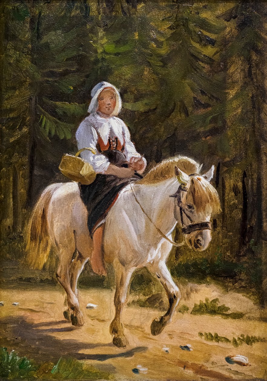 Eine Frau aus Dalecarlia reitet barfuß auf einem weißen Pferd von Wilhelm Marstrand