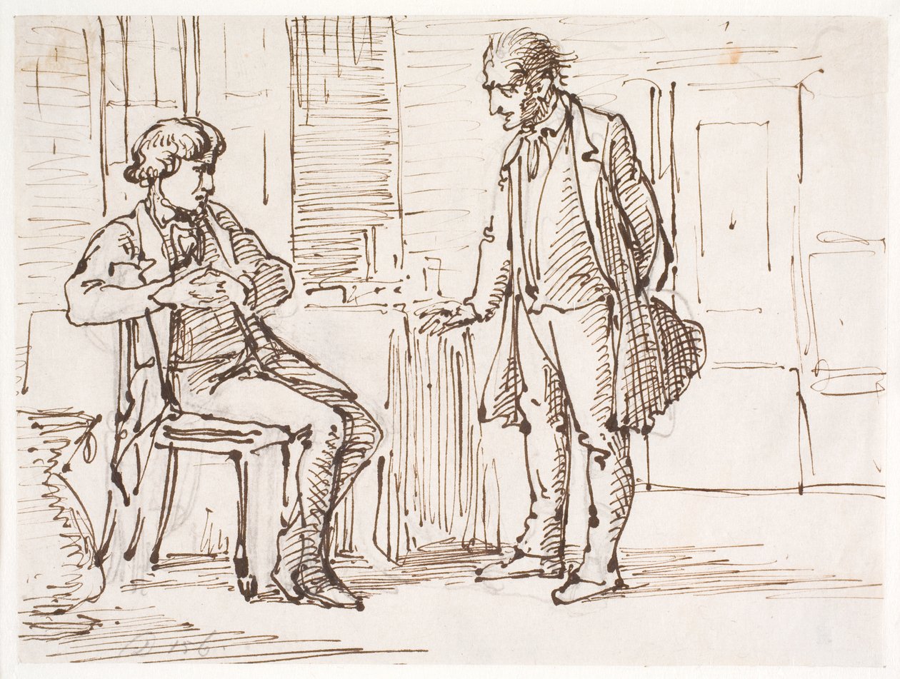 Gespräch zwischen einem sitzenden jüngeren und einem stehenden älteren Mann von Wilhelm Marstrand