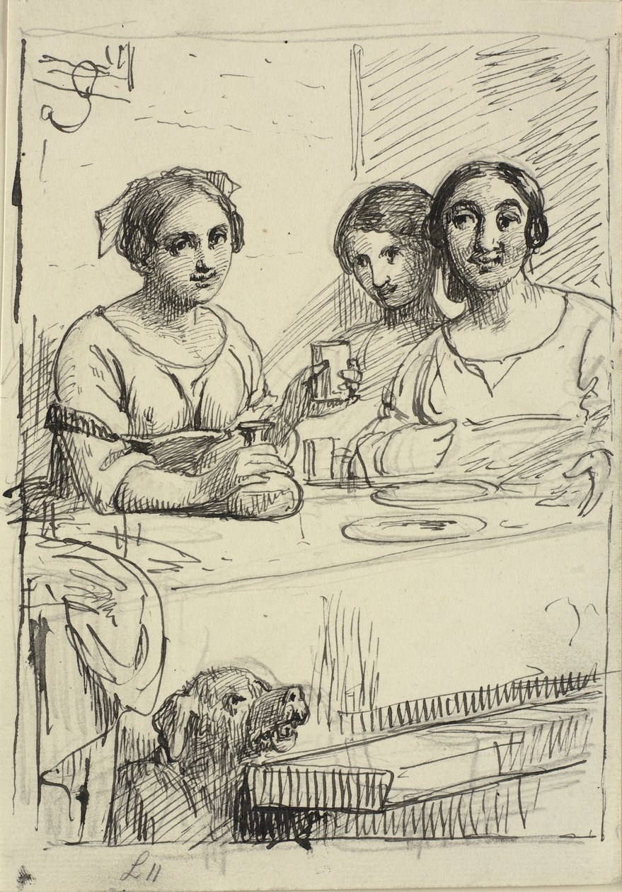 Drei Mädchen an einem Tisch, unter dem Tisch ein Hund von Wilhelm Marstrand