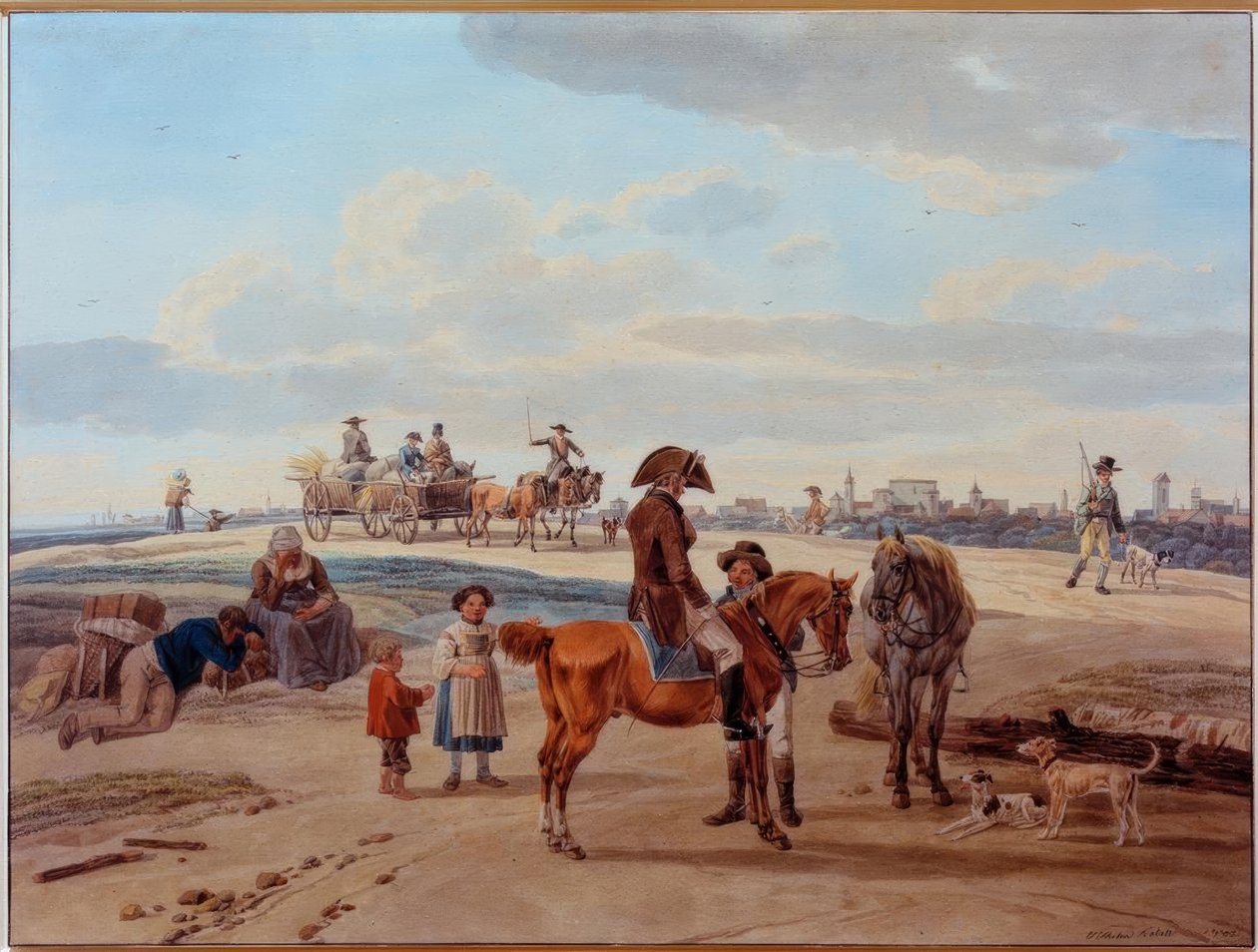 Reiter, Bauern und Fuhrwerk vor einer Stadt von Wilhelm von Kobell