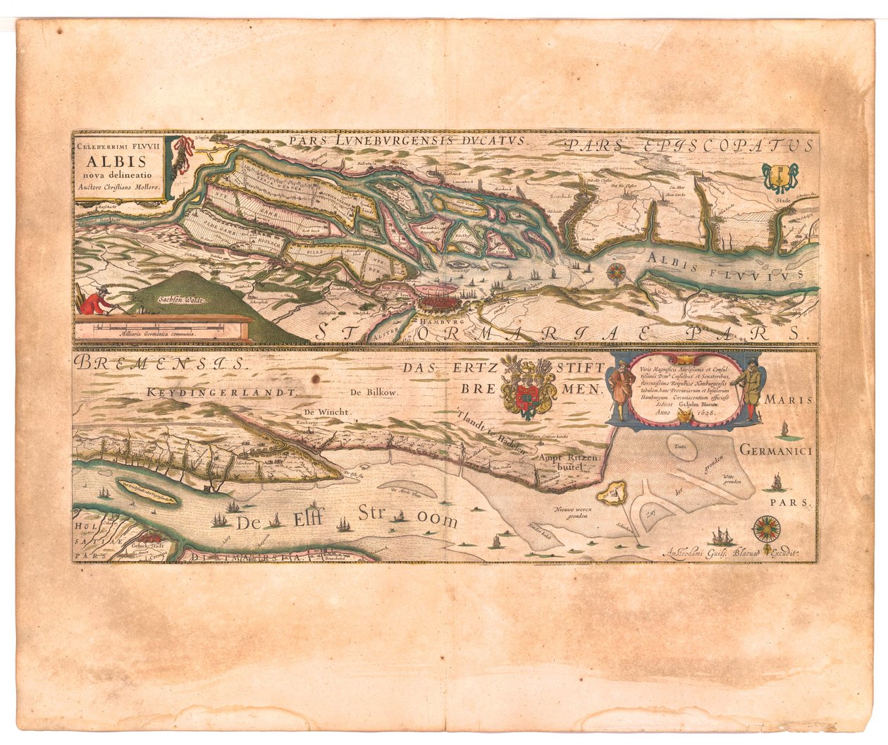 Celeberrimi Fluvii Albis nova delineatio (Der sehr berühmte Fluss Elbe neu dargestellt) von Willem Blaeu