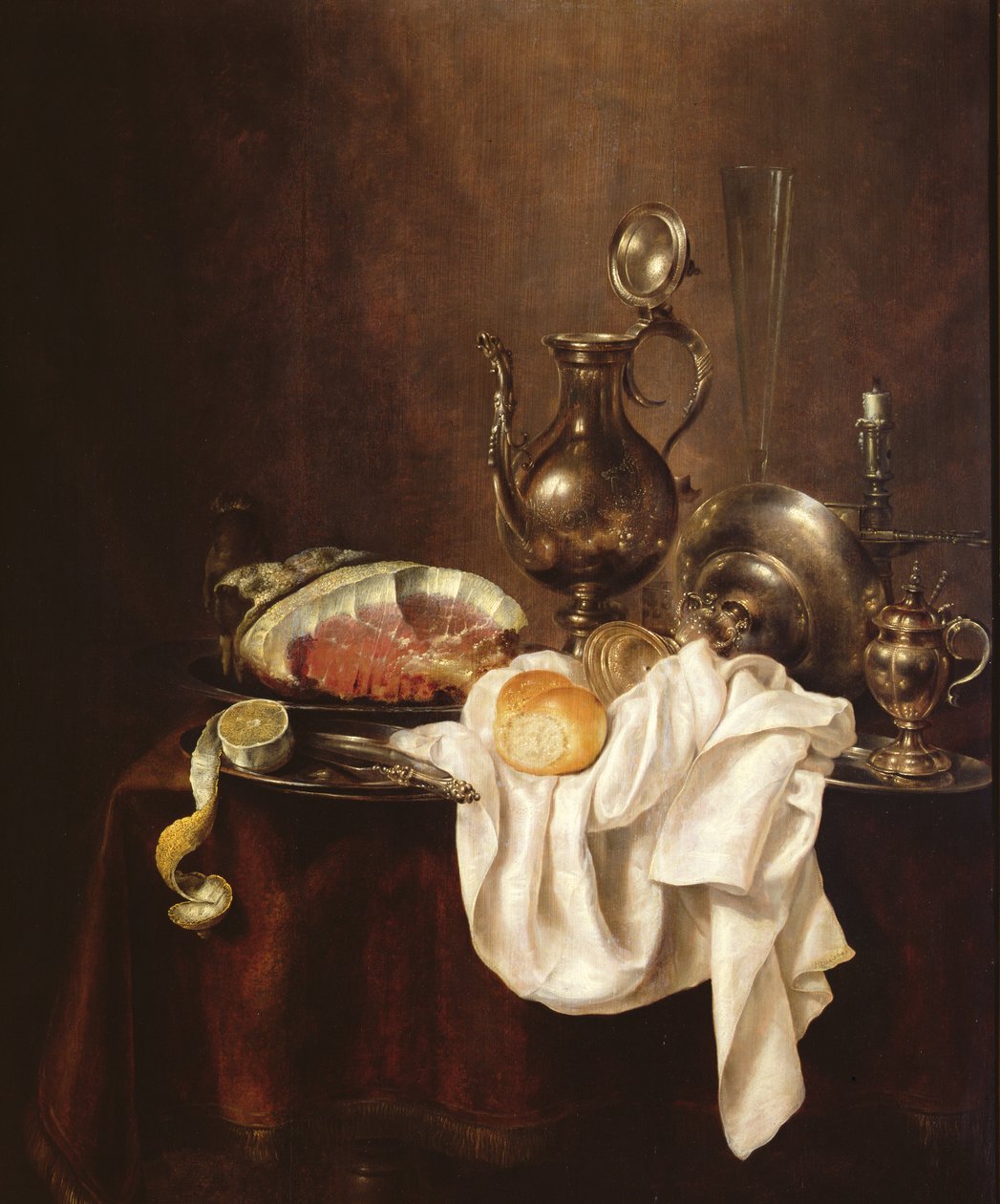 Stillleben mit Schinken und Silberplatte von Willem Claesz. Heda