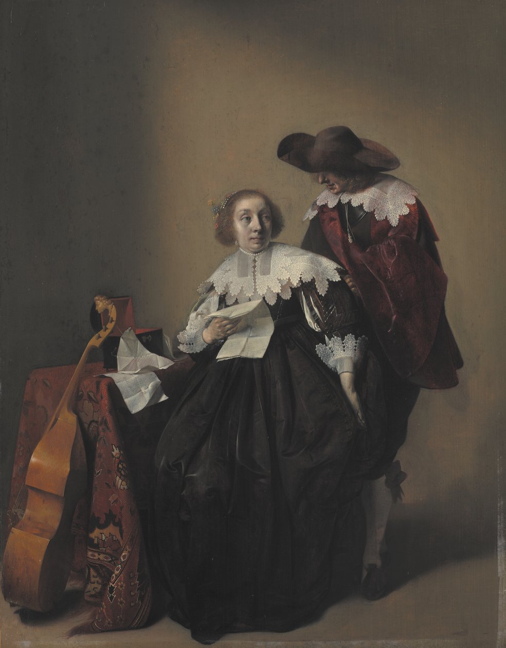 Eine sitzende Frau mit einem Brief, ein Herr steht neben ihr von Willem Cornelisz Duyster