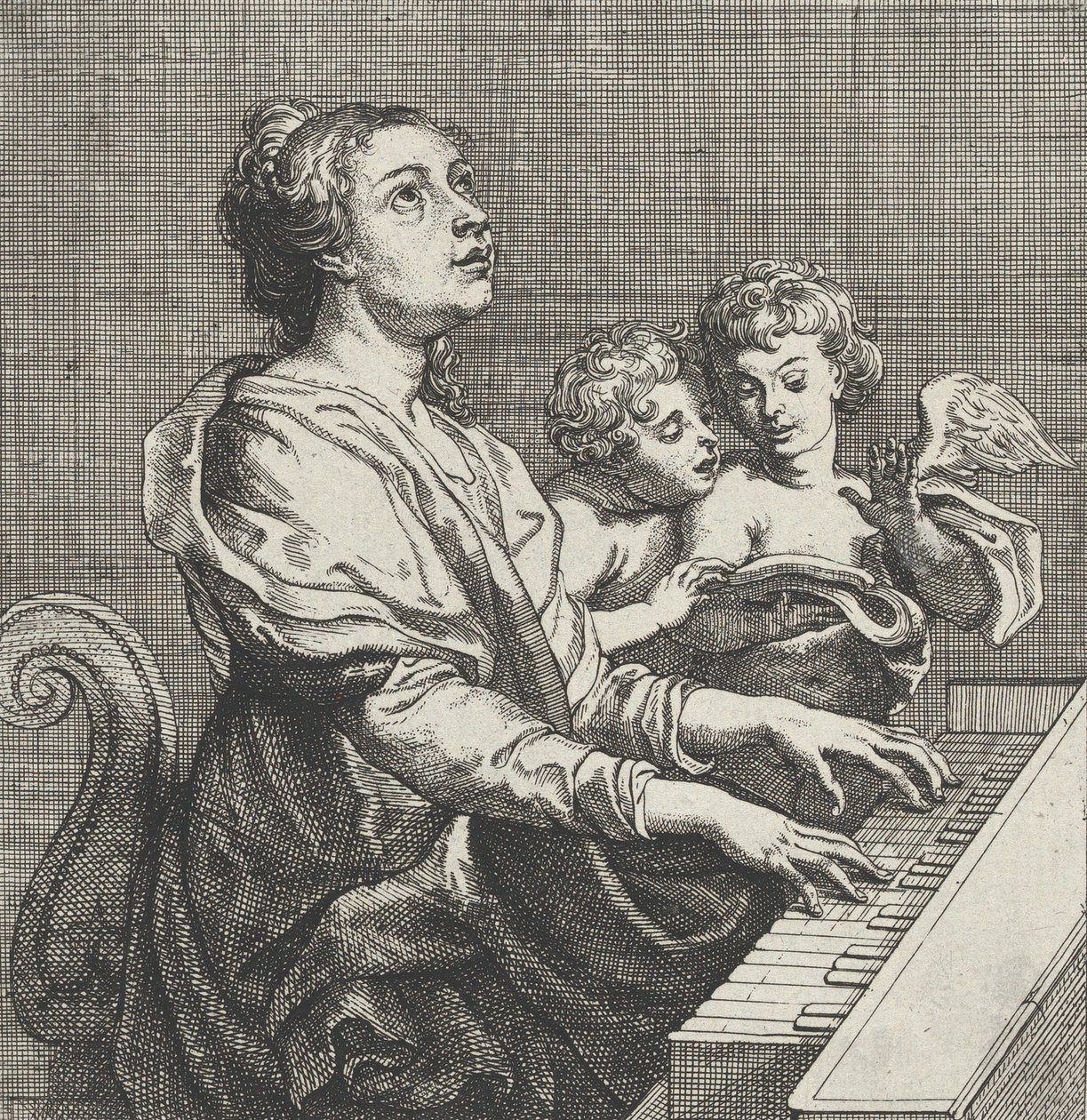 Heilige Cäcilia spielt die Orgel mit zwei Putti rechts, ca. 1631 von Willem Panneels