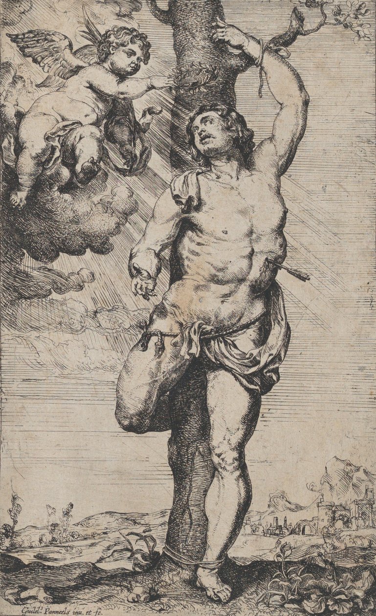 Das Martyrium des Heiligen Sebastian, mit Engeln, die ihn oben links krönen, ca. 1620-32 von Willem Panneels
