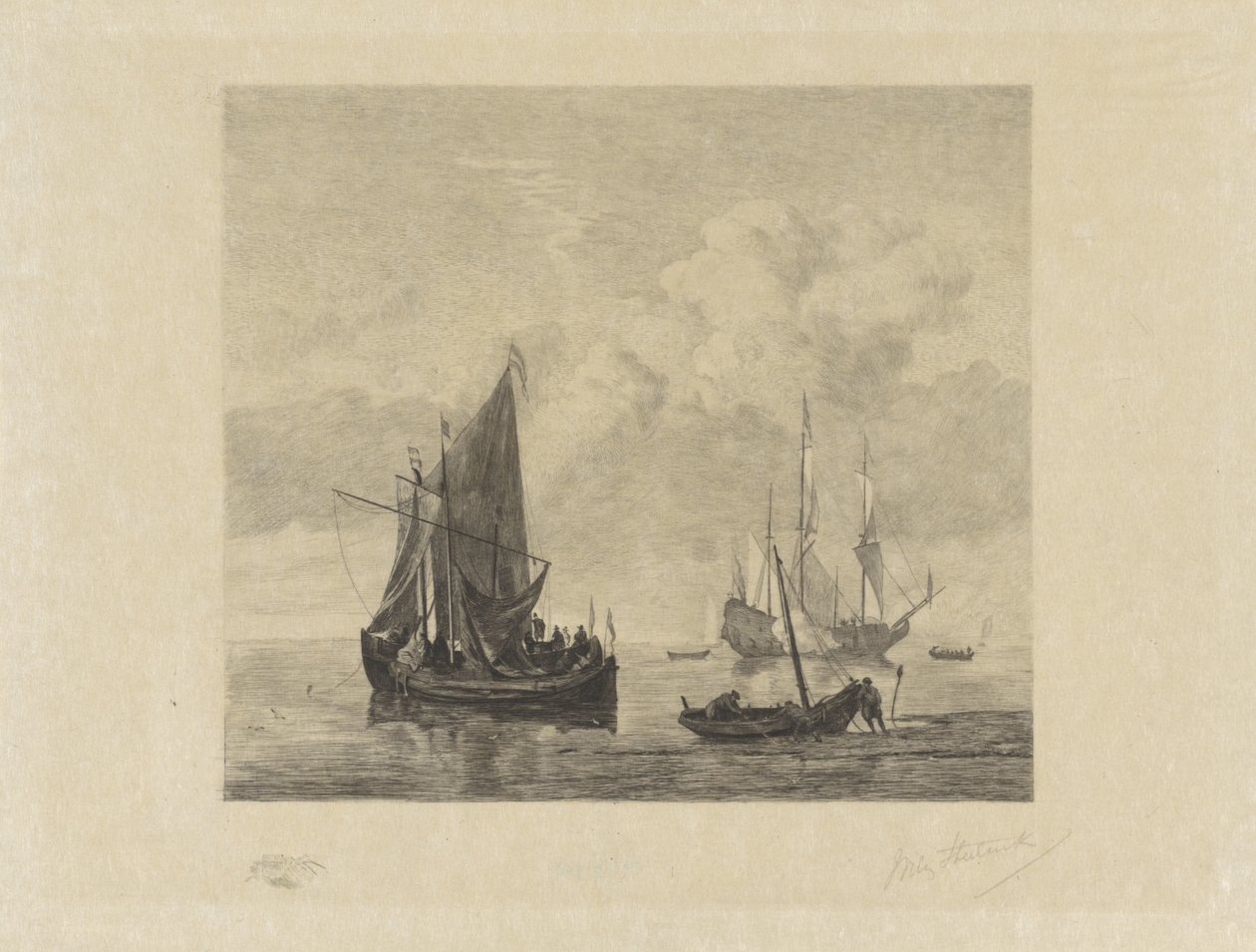 Segelschiffe auf ruhiger See von Willem Steelink (II) (signed by artist)