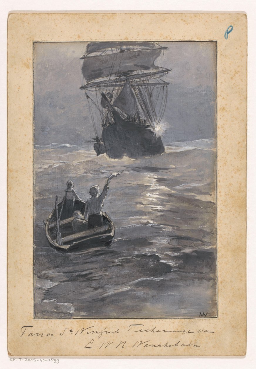 Jungen signalisieren einem Schiff von einem sinkenden Ruderboot aus von Ludwig Willem Reymert Wenckebach