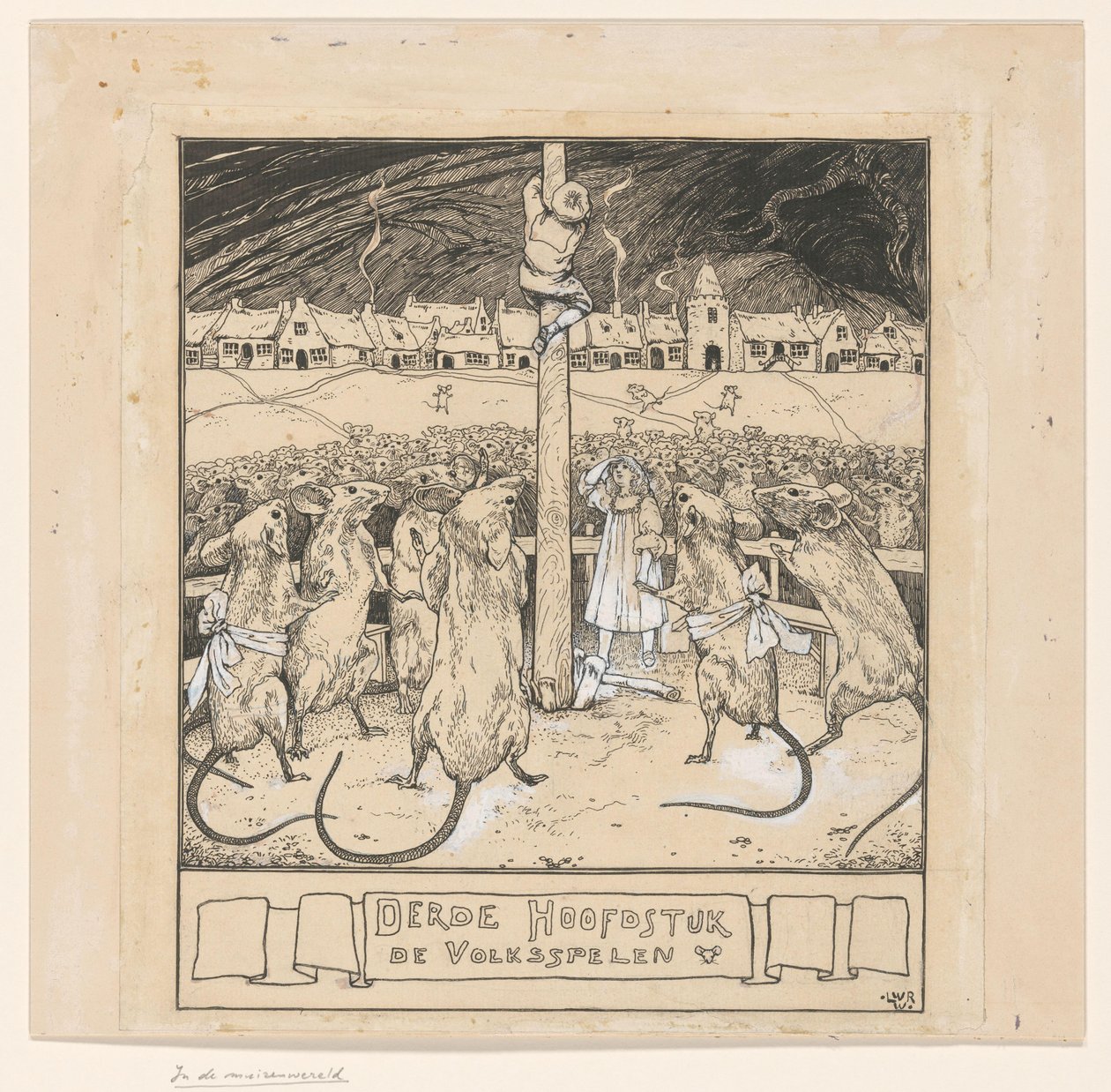 Willy klettert auf einen Pfahl, während die Mäuse zuschauen von Ludwig Willem Reymert Wenckebach