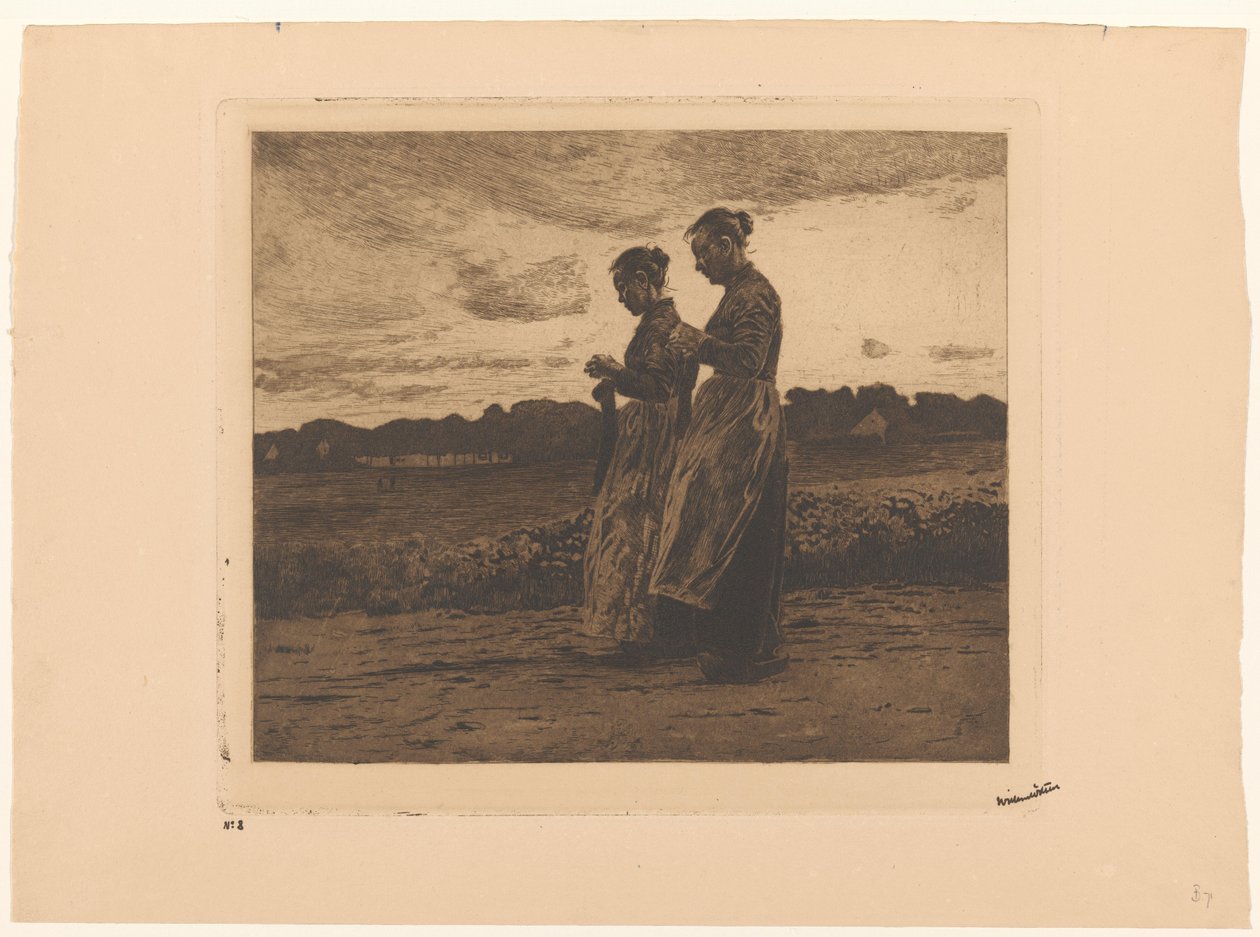 Zwei stehende Strickerinnen in einer Landschaft in Ede von Willem Witsen (signed by artist)