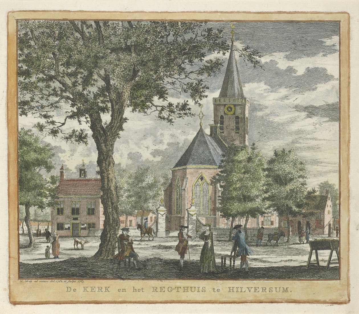 Kirche und Gerichtshaus in Hilversum im Jahr 1762 (vor dem Brand von 1766) von Willem Writs