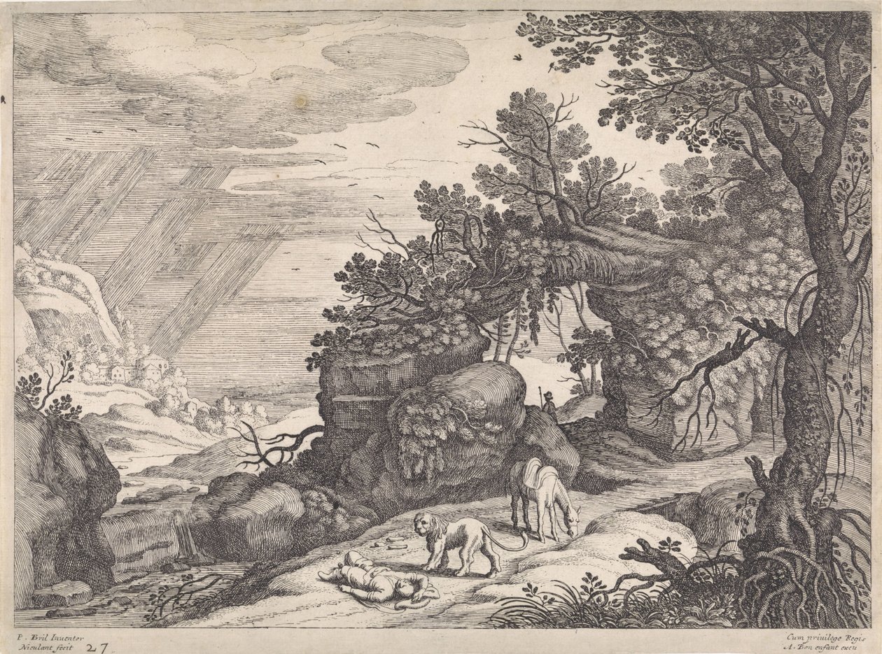 Landschaft mit einem toten Gottesmann, Löwe und Esel von Willem van Nieulandt (II)