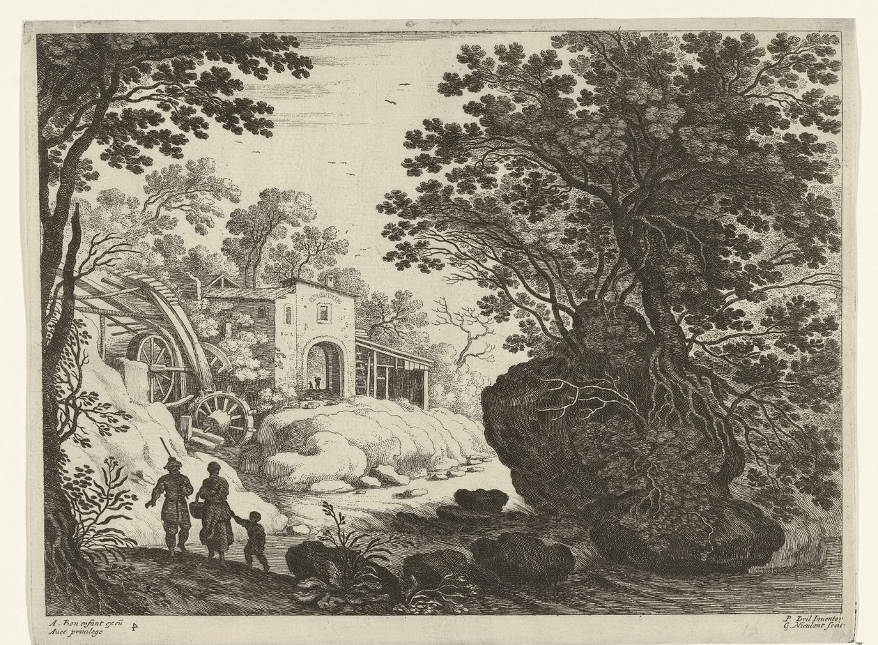 Paar und Kind bei Wassermühle (Italienische Landschaften) von Willem van Nieulandt (II)